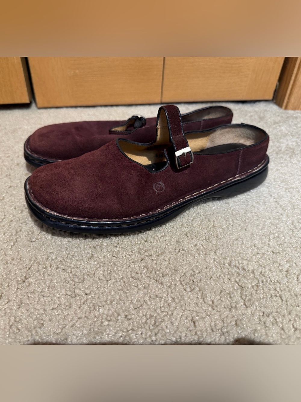 Women’s Born Burgundy Suede Slip-On Clogs with Buckle strap